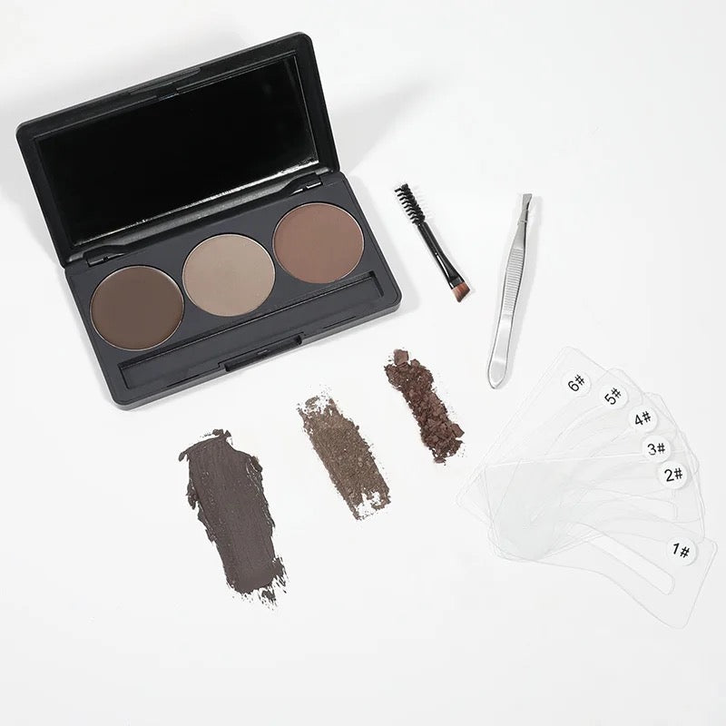 Professional 3 Shade Eyebrow Powder Pigments Waterproof Eyebrow Stencils Enhance Powder Shaping Makeup Palette , Eyebrow Powder, Stencils, Tweezers and 2-in-1 Spoolie Brush