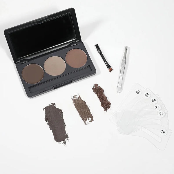 Professional 3 Shade Eyebrow Powder Pigments Waterproof Eyebrow Stencils Enhance Powder Shaping Makeup Palette , Eyebrow Powder, Stencils, Tweezers and 2-in-1 Spoolie Brush