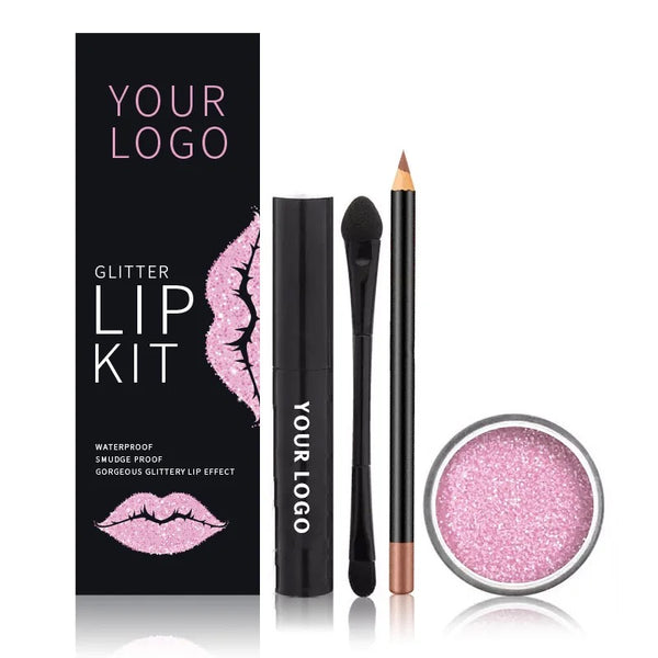 Diamond Shining Lip Loose Glitter Powder, Lip Liner, Lip Primer, Brush, Glitter Lip Kit