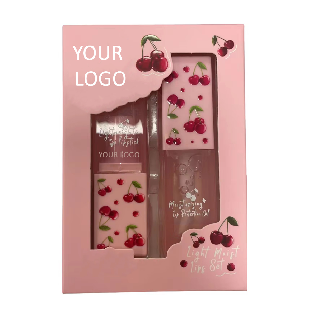 Custom Pink Kawaii Cherry Lip Duo, Exfoliating, Nourishing Lip Sets, Lip Scrub Stick & Lip Oil Kit Vegan, Cruelty Free