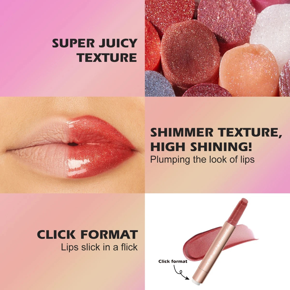 Rose Gold High Shimmer Tinted Hydrating & Plumping Lip Balm, Super Juicy Formula Lip Stick, Click Lip Balm Pen