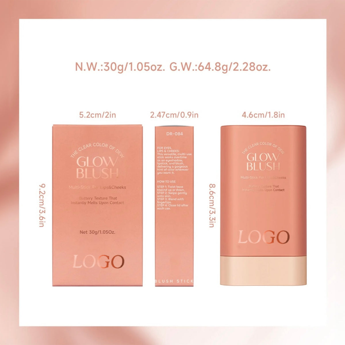 Rose Gold High Pigment Long Lasting Waterproof Cream Glow Blush Stick. 3 Shades