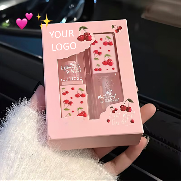 Custom Pink Kawaii Cherry Lip Duo, Exfoliating, Nourishing Lip Sets, Lip Scrub Stick & Lip Oil Kit Vegan, Cruelty Free