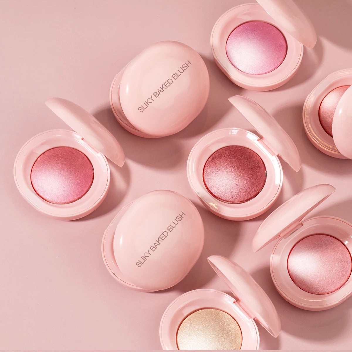 Custom Cute Pink Single Tint Palette, High Pigment Pressed Powder, Luminous Silky Baked Highlighter Blush. 8 Shades
