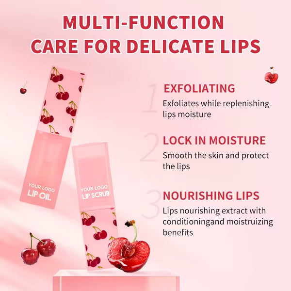 Custom Pink Kawaii Cherry Lip Duo, Exfoliating, Nourishing Lip Sets, Lip Scrub Stick & Lip Oil Kit Vegan, Cruelty Free