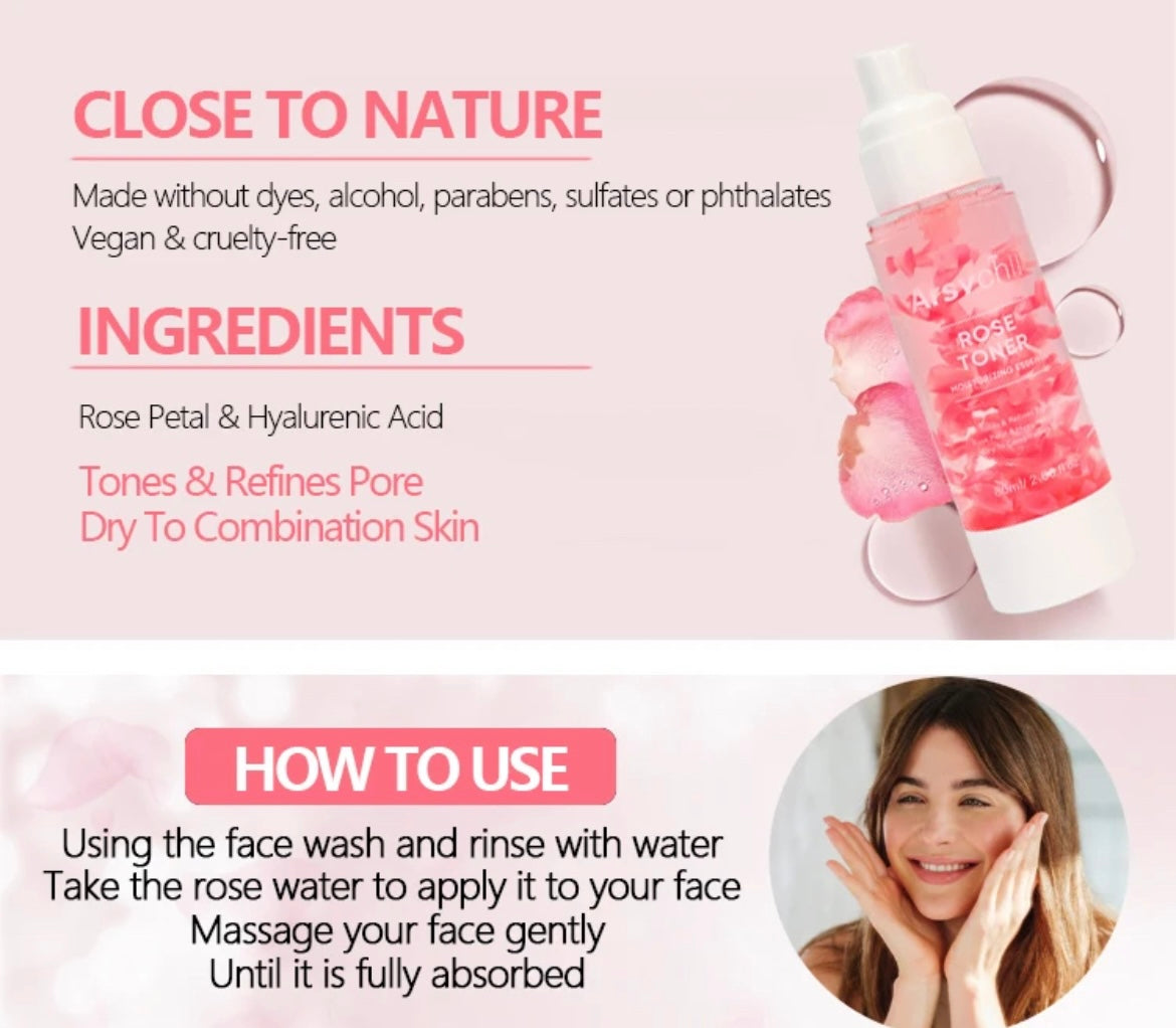 Custom Korean Moisturizing Organic Rose Water Facial Mist Toner with Real Fresh Rose Petals