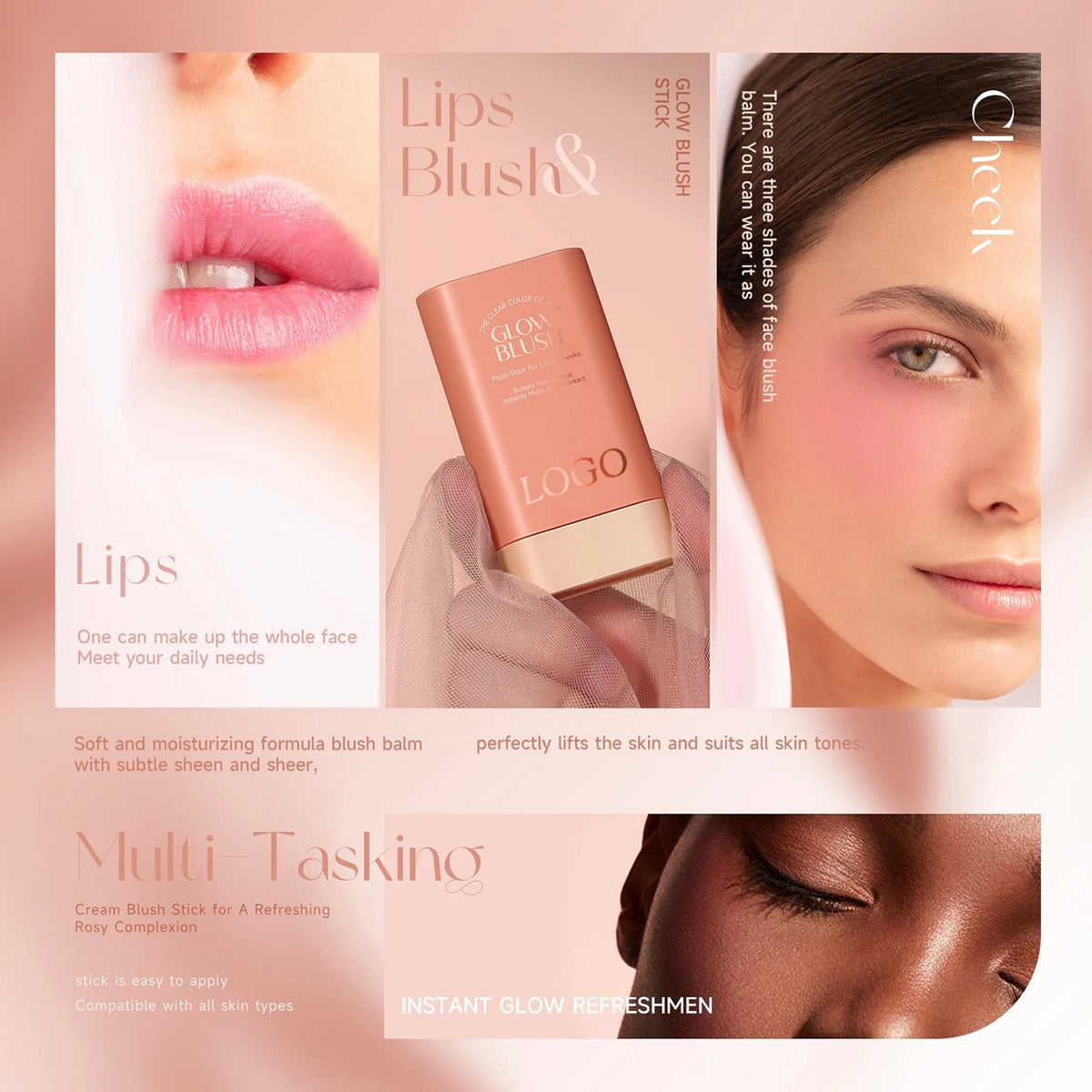 Rose Gold High Pigment Long Lasting Waterproof Cream Glow Blush Stick. 3 Shades