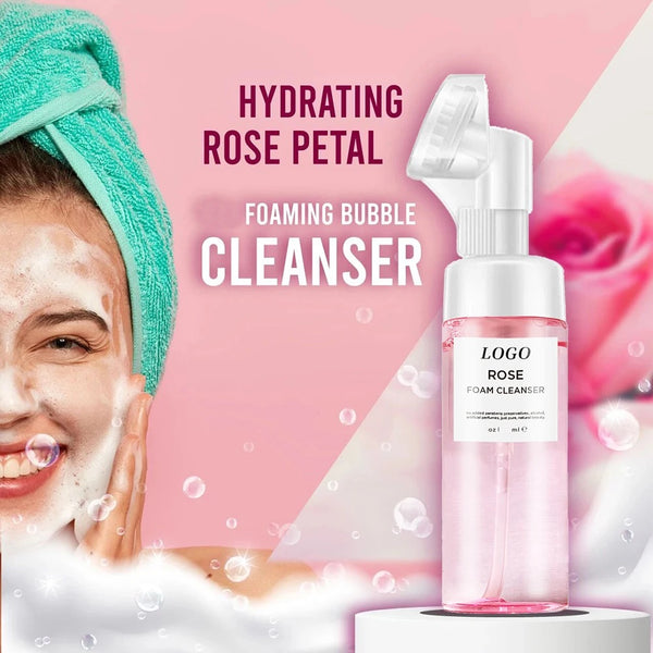 Custom Korean Vegan Amino Acid Cleansing Mousse Remove Makeup Moisturizing Face Wash Rose Foaming Facial Cleanser