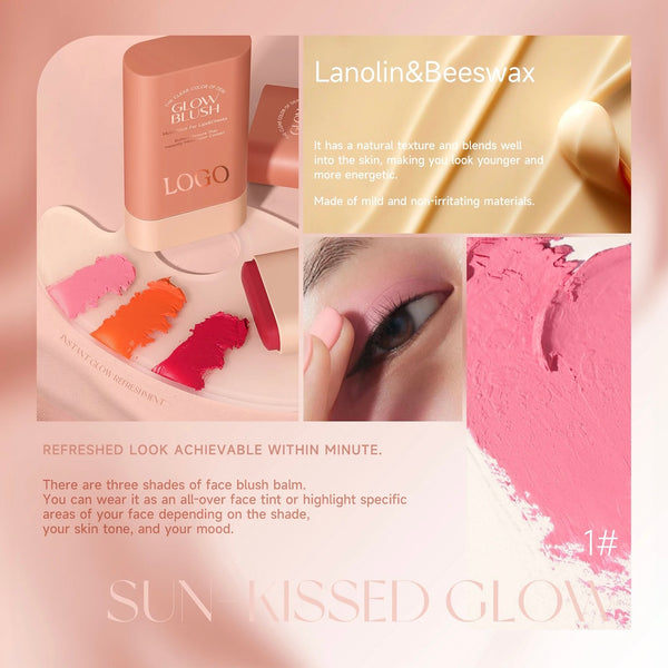 Rose Gold High Pigment Long Lasting Waterproof Cream Glow Blush Stick. 3 Shades