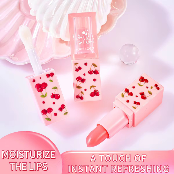 Custom Pink Kawaii Cherry Lip Duo, Exfoliating, Nourishing Lip Sets, Lip Scrub Stick & Lip Oil Kit Vegan, Cruelty Free