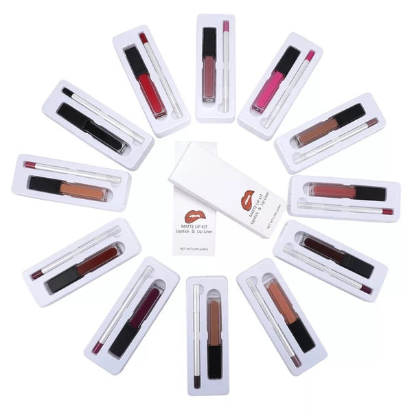 Nude matte liquid lipstick with matching lip liners makeup set. 12 colours (Free Shipping)