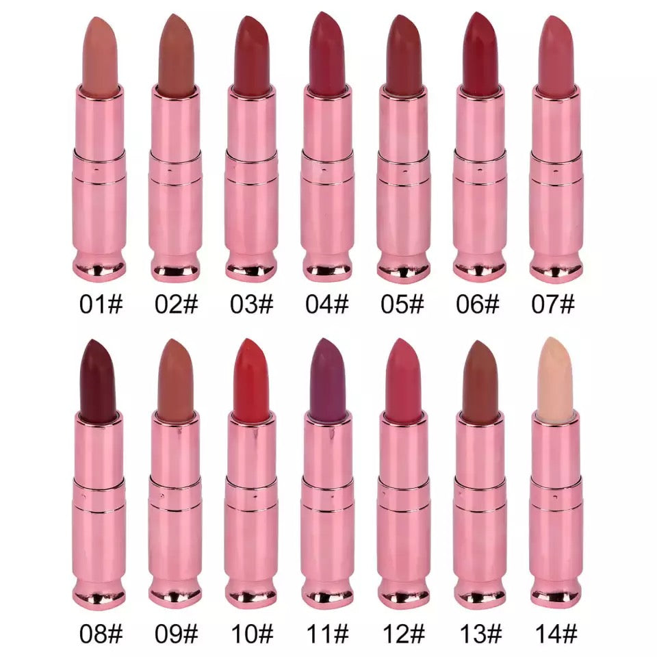 Rose Pink pre-filled Nude Velvet Lightweight Moist Waterproof Matte Lipstick. 14 Shades