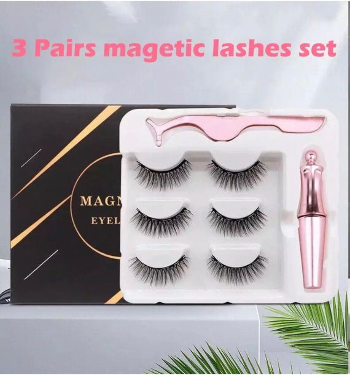 3 pair Magnetic EyeLashes With Lash Tweezers/Eyeliner Set No Glue Natural 5 Magnets Kit